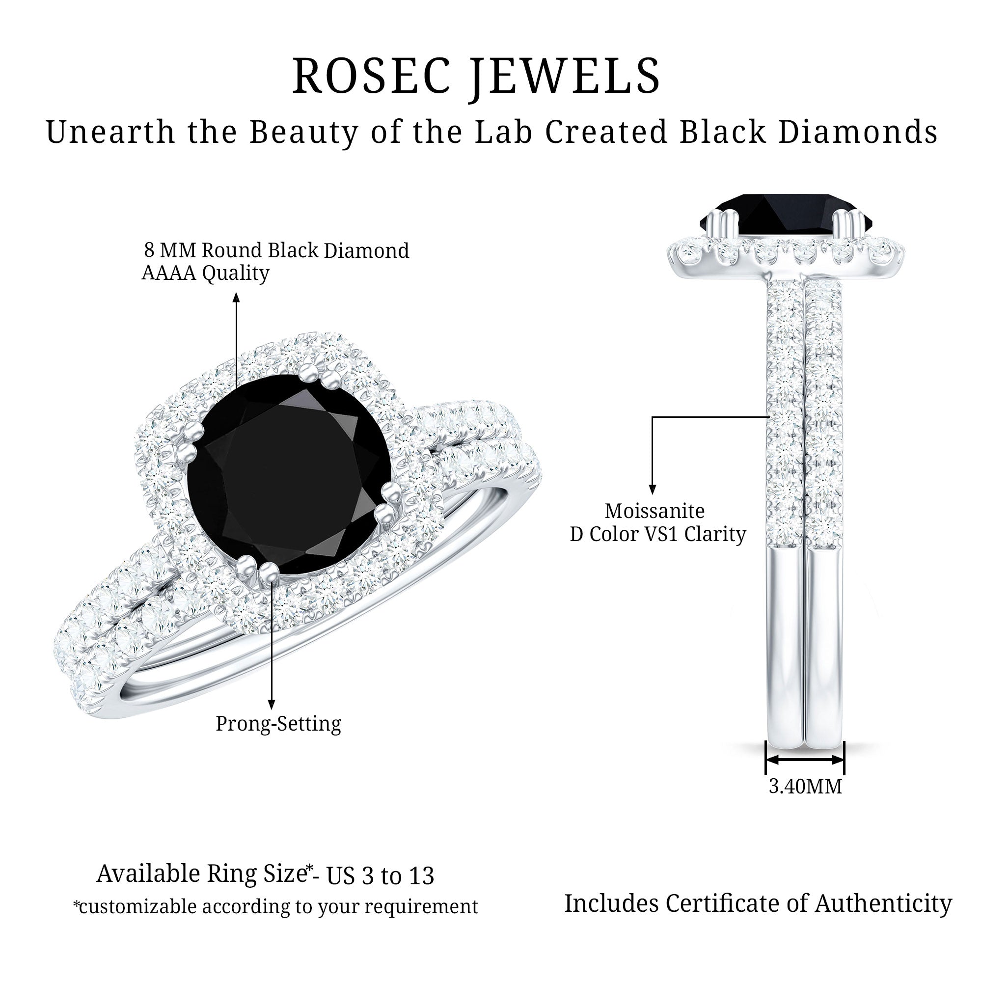Certified 2 Carat Lab Grown Black Diamond Halo Engagement Ring with Moissanite Wedding Band