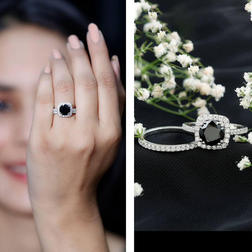 Certified 2 Carat Lab Grown Black Diamond Halo Engagement Ring with Moissanite Wedding Band