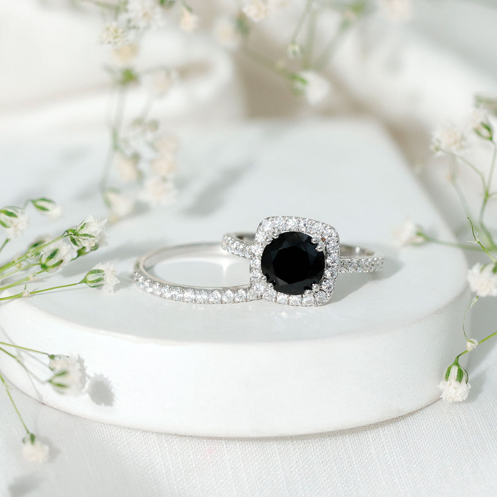 Certified 2 Carat Lab Grown Black Diamond Halo Engagement Ring with Moissanite Wedding Band