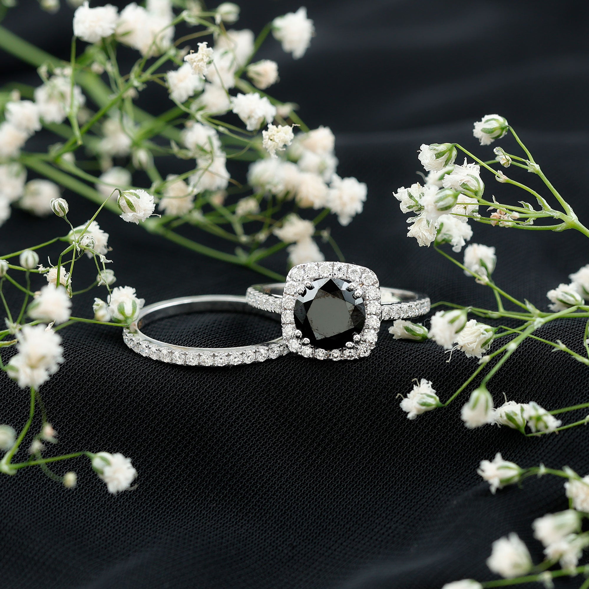 Certified 2 Carat Lab Grown Black Diamond Halo Engagement Ring with Moissanite Wedding Band