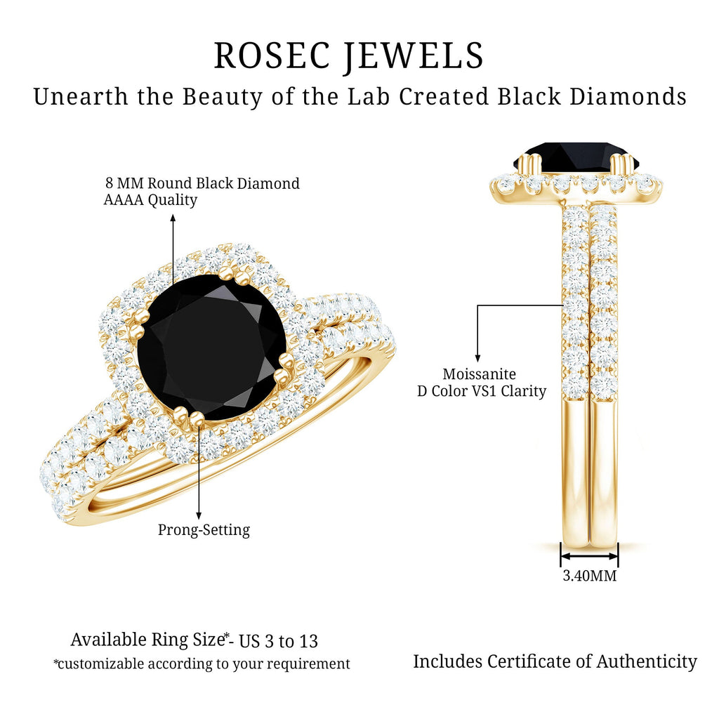 Certified 2 Carat Lab Grown Black Diamond Halo Engagement Ring with Moissanite Wedding Band
