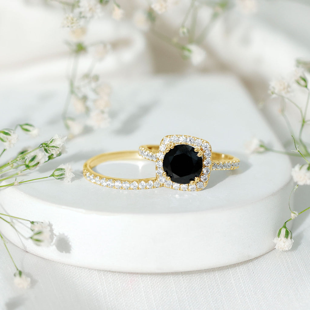 Certified 2 Carat Lab Grown Black Diamond Halo Engagement Ring with Moissanite Wedding Band