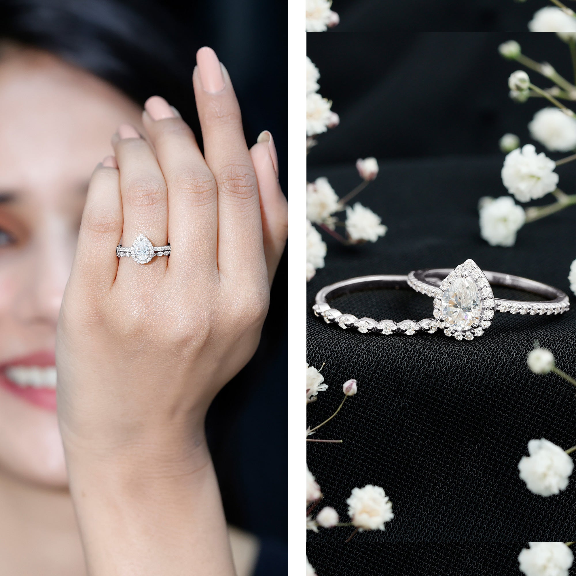 1.75 CT Moissanite Teardrop Wedding Ring Set with Halo