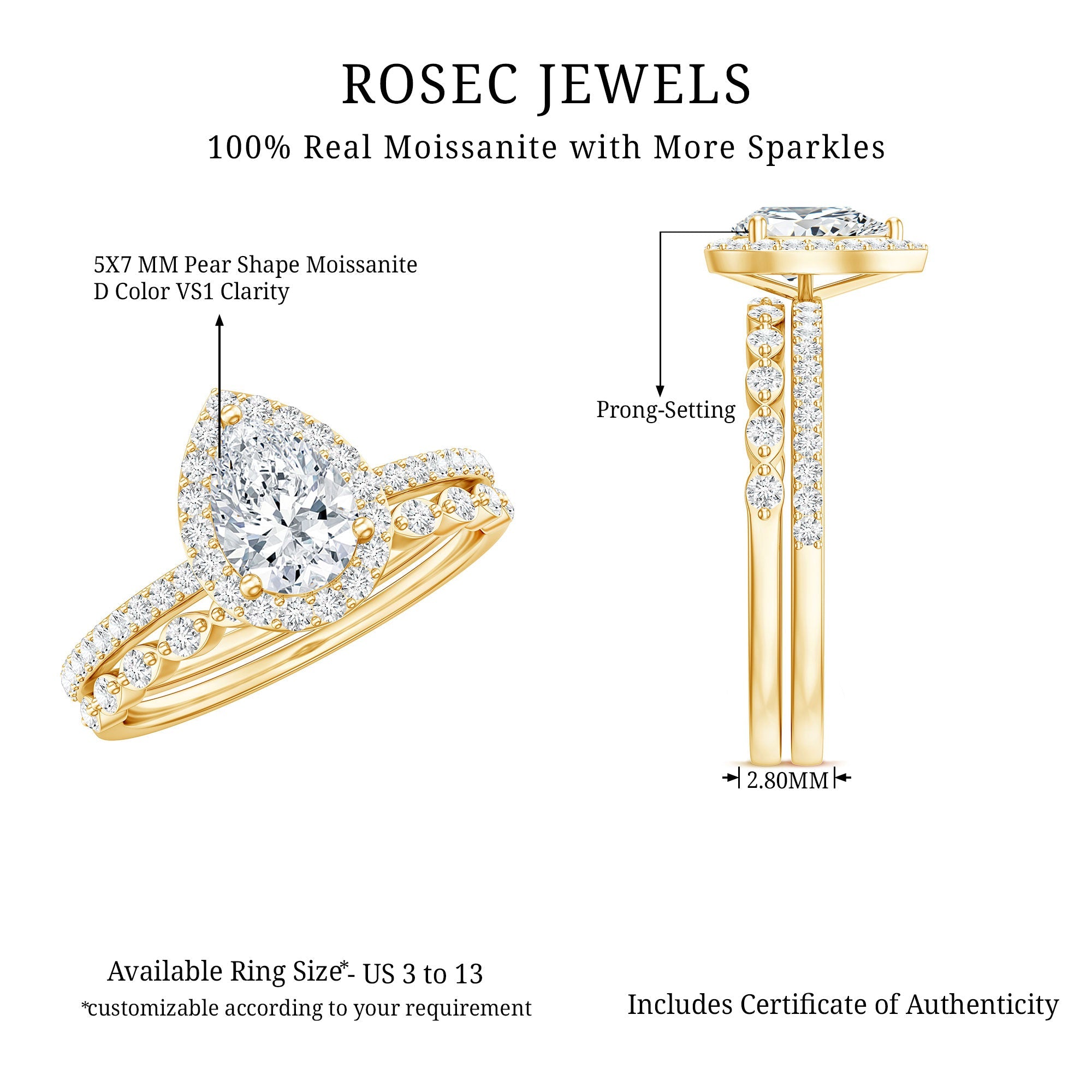 1.75 CT Moissanite Teardrop Wedding Ring Set with Halo