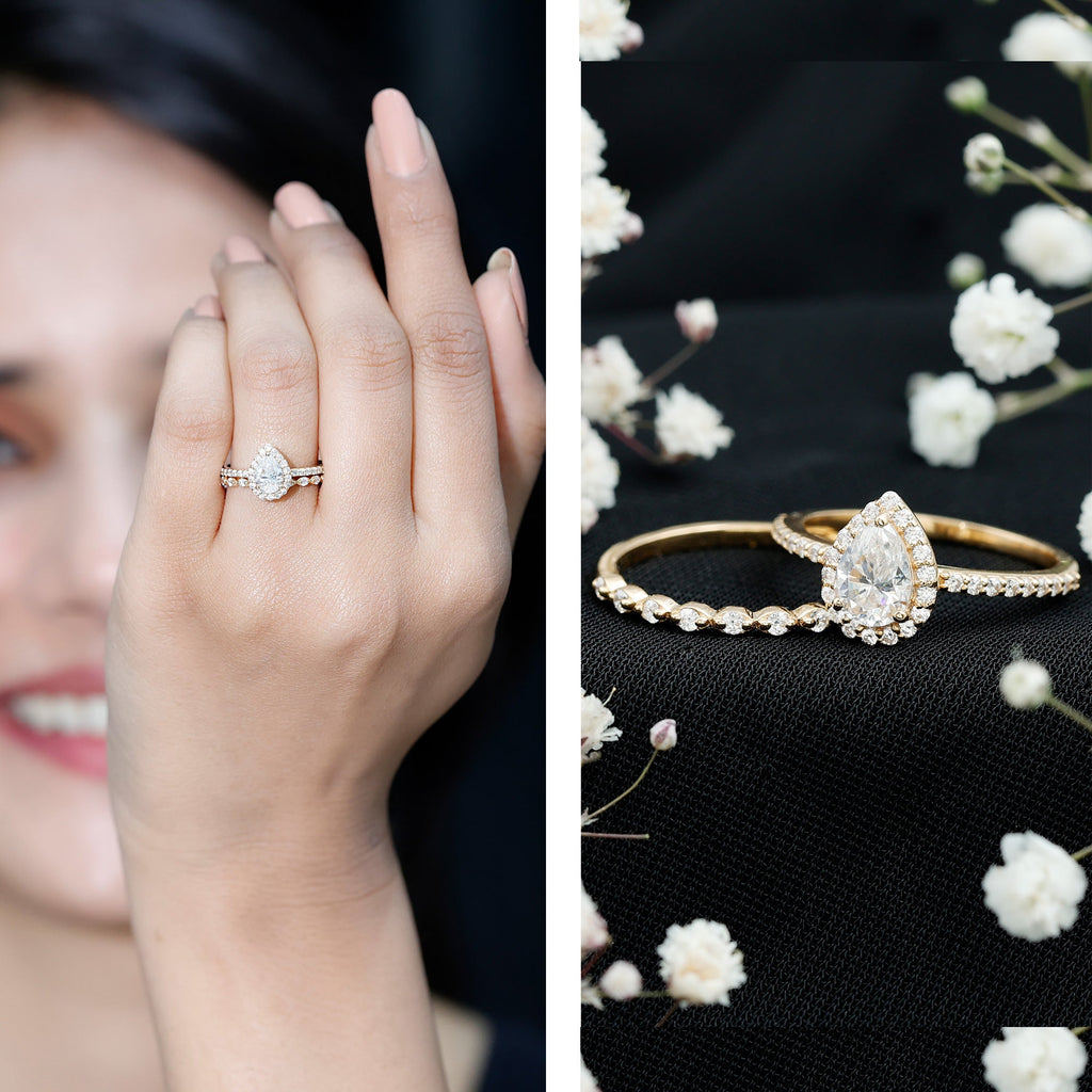 1.75 CT Moissanite Teardrop Wedding Ring Set with Halo